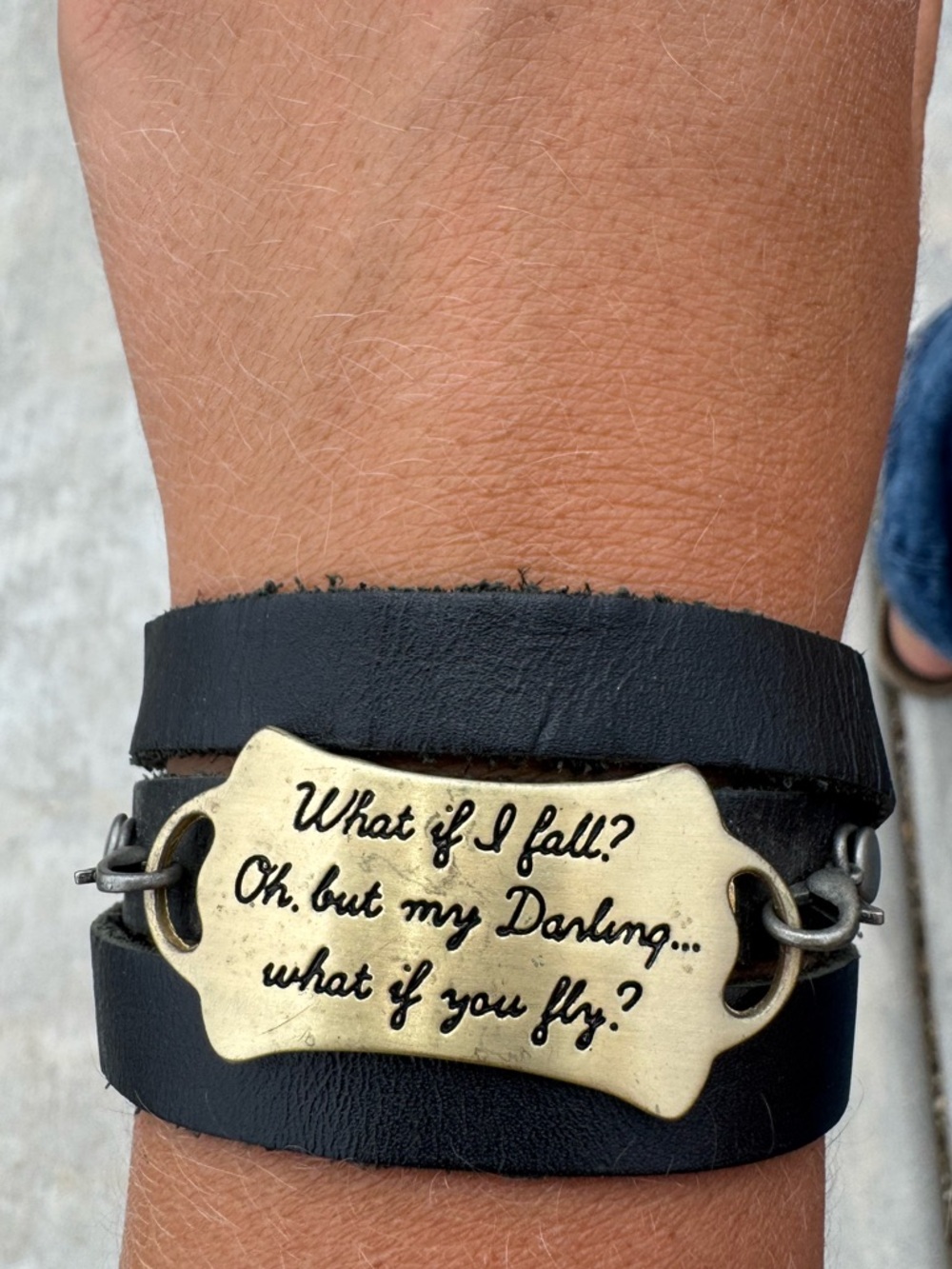 Inspirational Black Leather Wrap Bracelet with Gold Plate